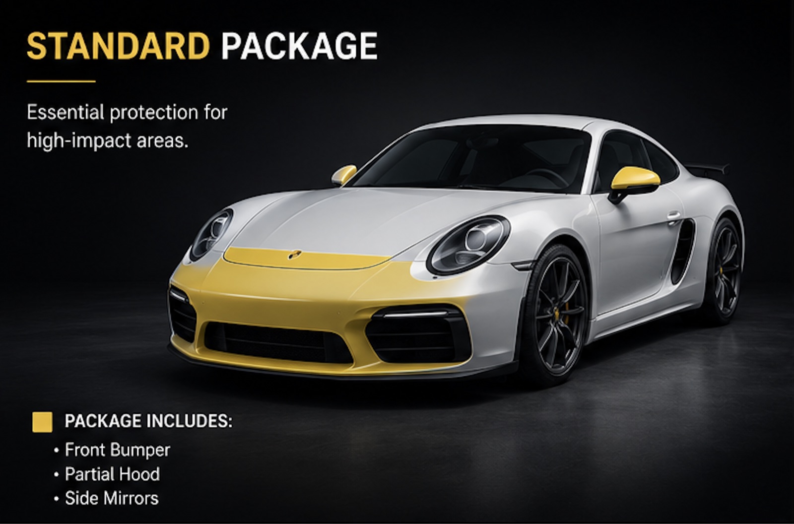 Standard package — Essential protection for high-impact areas. Coverage: Front Bumper, Partial Hood, Side Mirrors